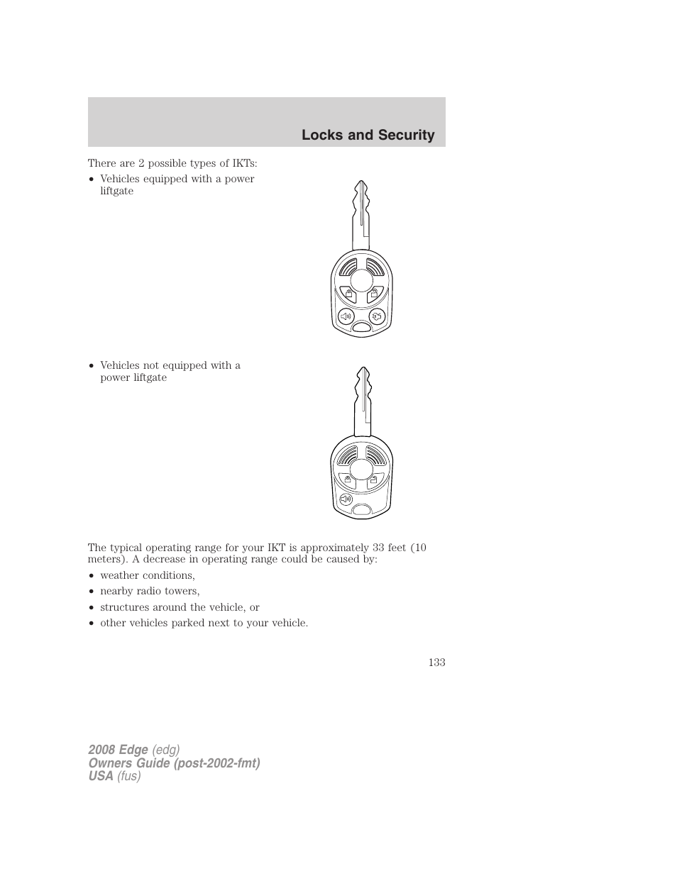 Locks and security | FORD 2008 Edge User Manual | Page 133 / 336