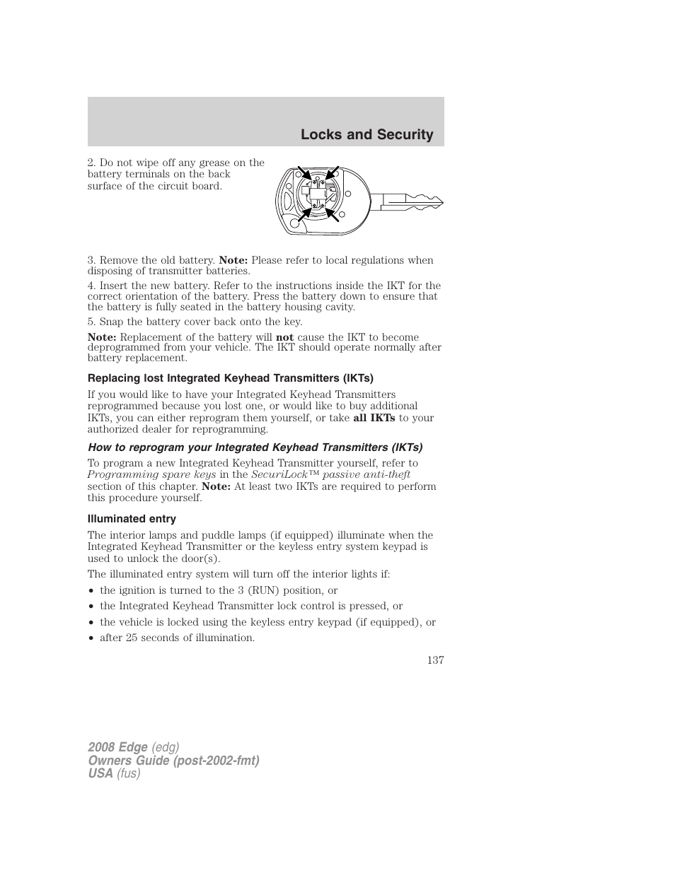 Illuminated entry, Locks and security | FORD 2008 Edge User Manual | Page 137 / 336