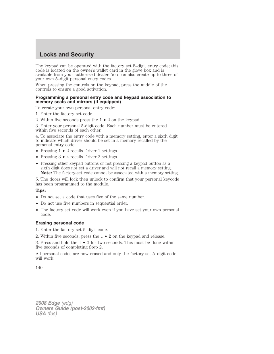 Erasing personal code, Locks and security | FORD 2008 Edge User Manual | Page 140 / 336