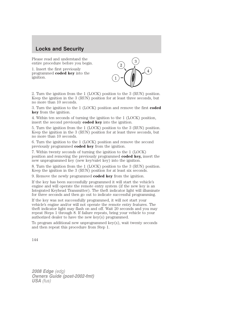 Locks and security | FORD 2008 Edge User Manual | Page 144 / 336