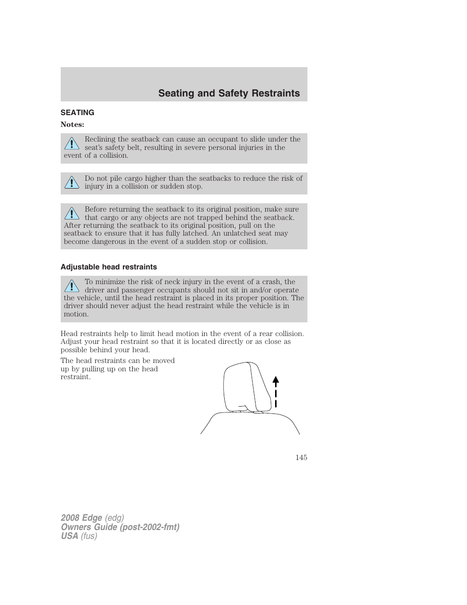 Seating and safety restraints, Seating, Adjustable head restraints | FORD 2008 Edge User Manual | Page 145 / 336