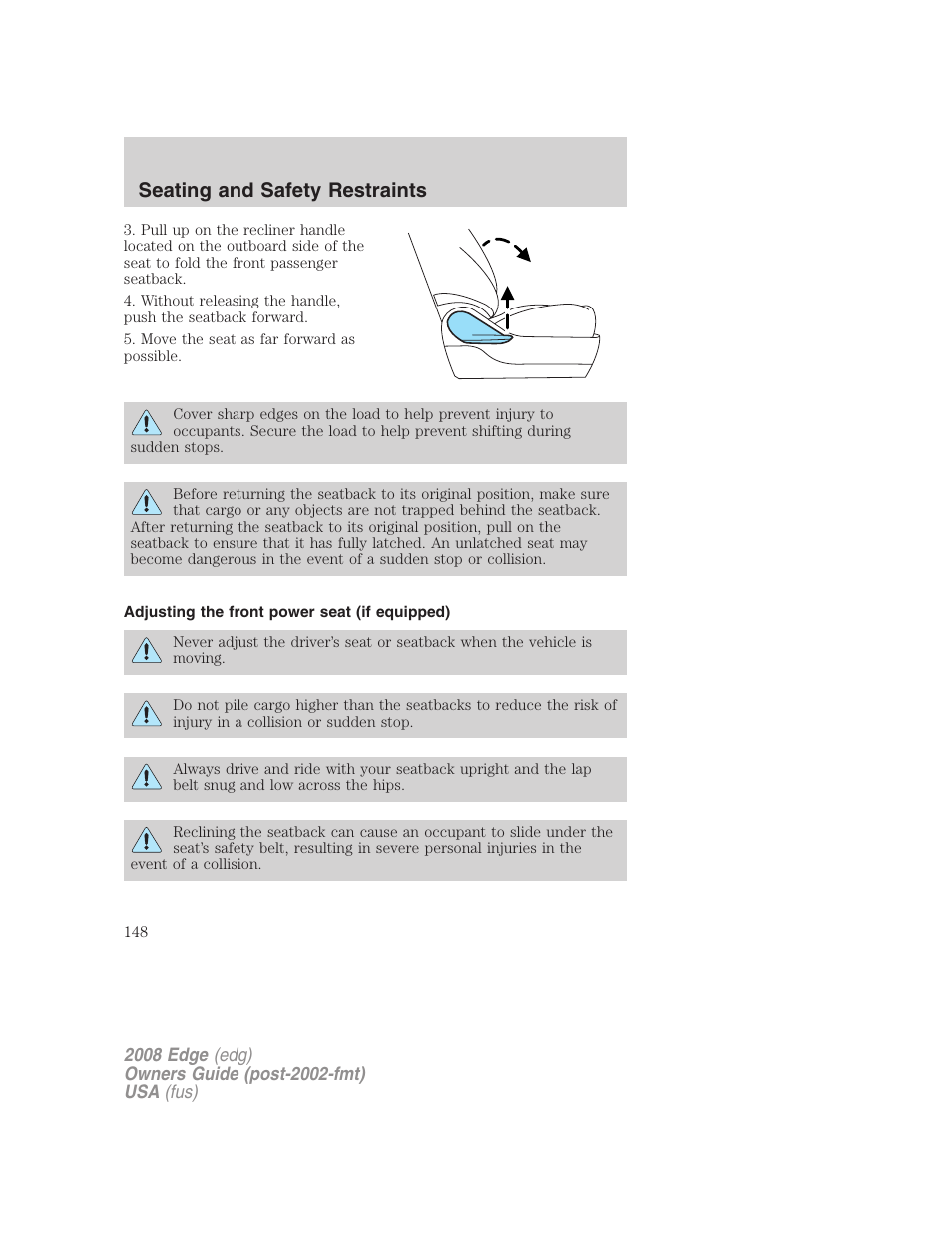 Adjusting the front power seat (if equipped), Seating and safety restraints | FORD 2008 Edge User Manual | Page 148 / 336