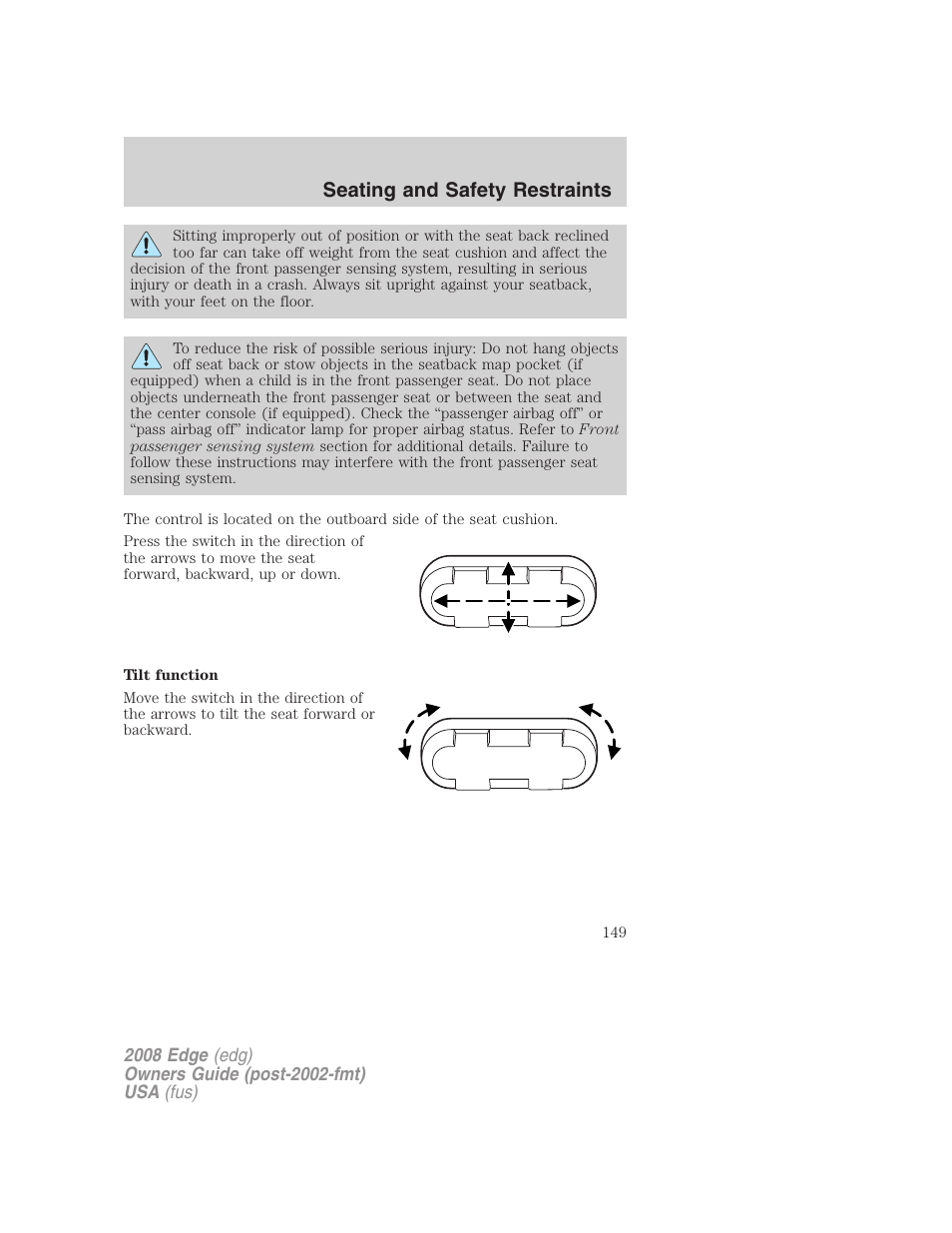 Seating and safety restraints | FORD 2008 Edge User Manual | Page 149 / 336