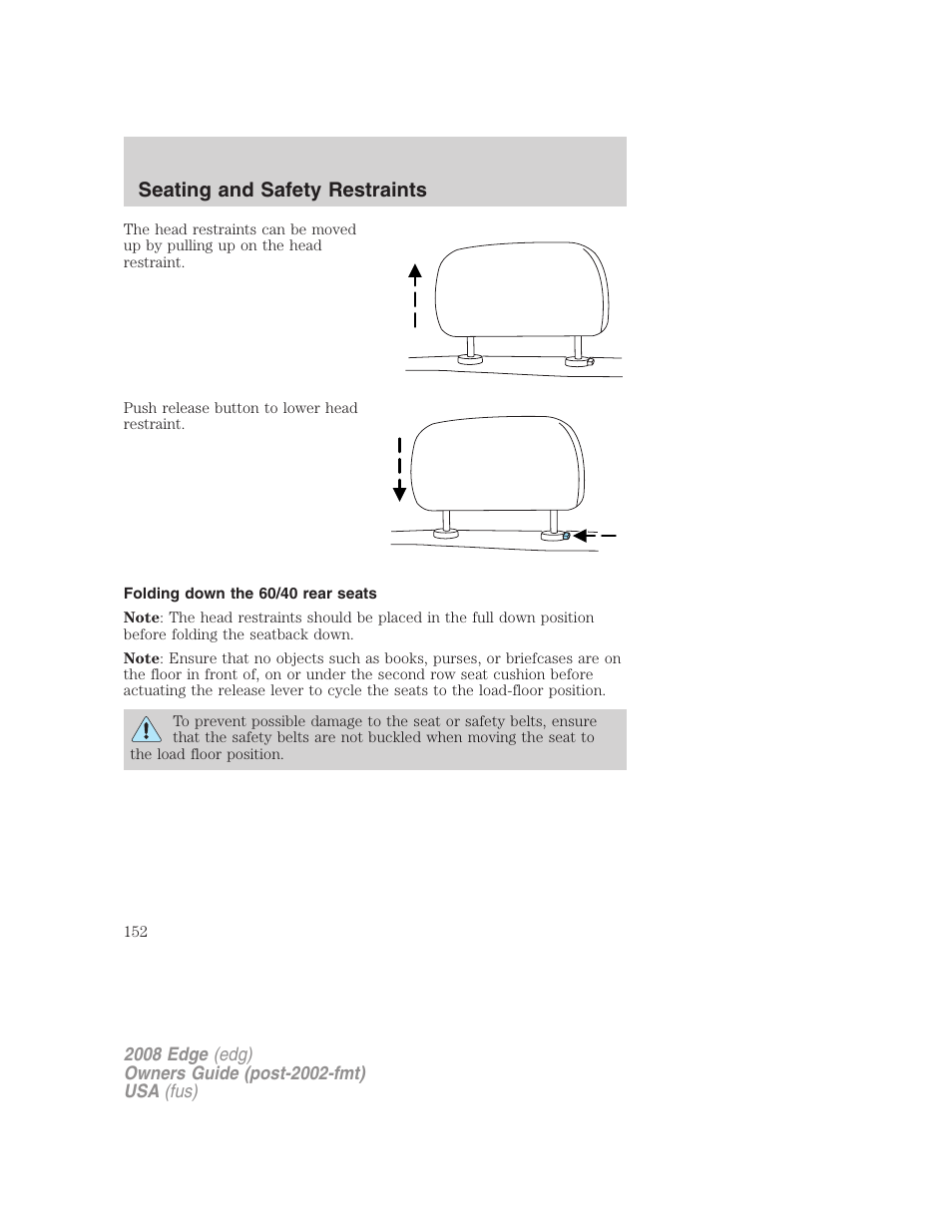 Folding down the 60/40 rear seats, Seating and safety restraints | FORD 2008 Edge User Manual | Page 152 / 336