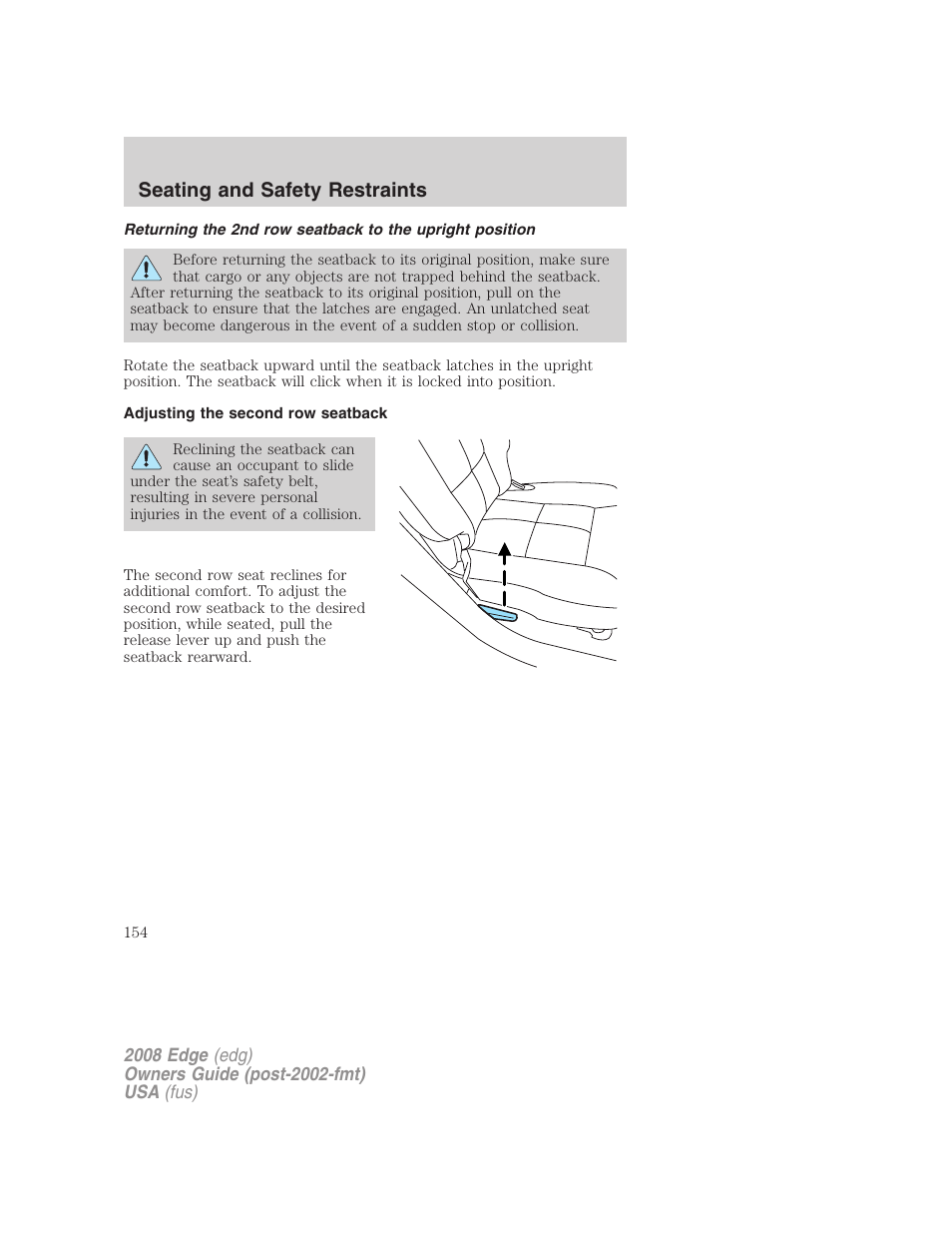 Adjusting the second row seatback, Seating and safety restraints | FORD 2008 Edge User Manual | Page 154 / 336