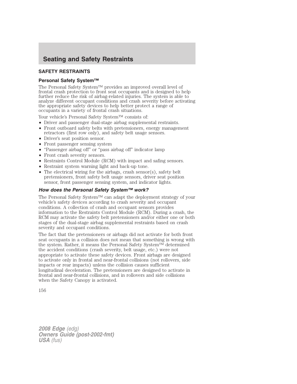 Safety restraints, Personal safety system, How does the personal safety system™ work | Seating and safety restraints | FORD 2008 Edge User Manual | Page 156 / 336