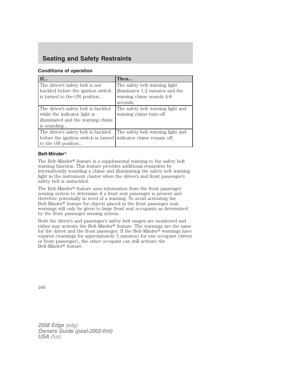 Conditions of operation, Belt-minder, Seating and safety restraints | FORD 2008 Edge User Manual | Page 166 / 336