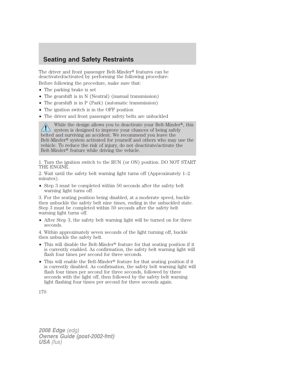 Seating and safety restraints | FORD 2008 Edge User Manual | Page 170 / 336