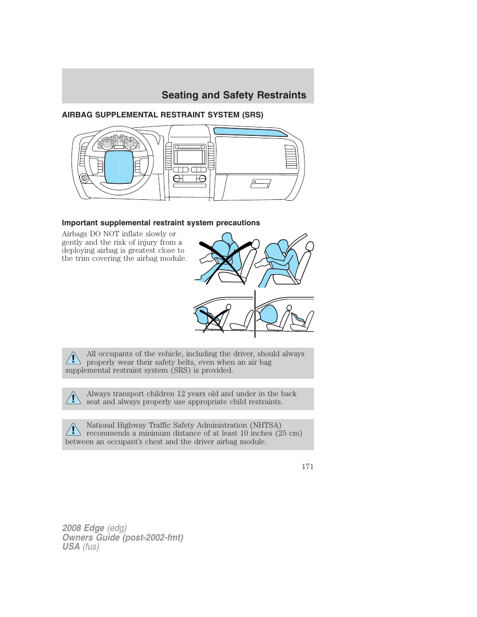 Airbag supplemental restraint system (srs), Airbags, Seating and safety restraints | FORD 2008 Edge User Manual | Page 171 / 336