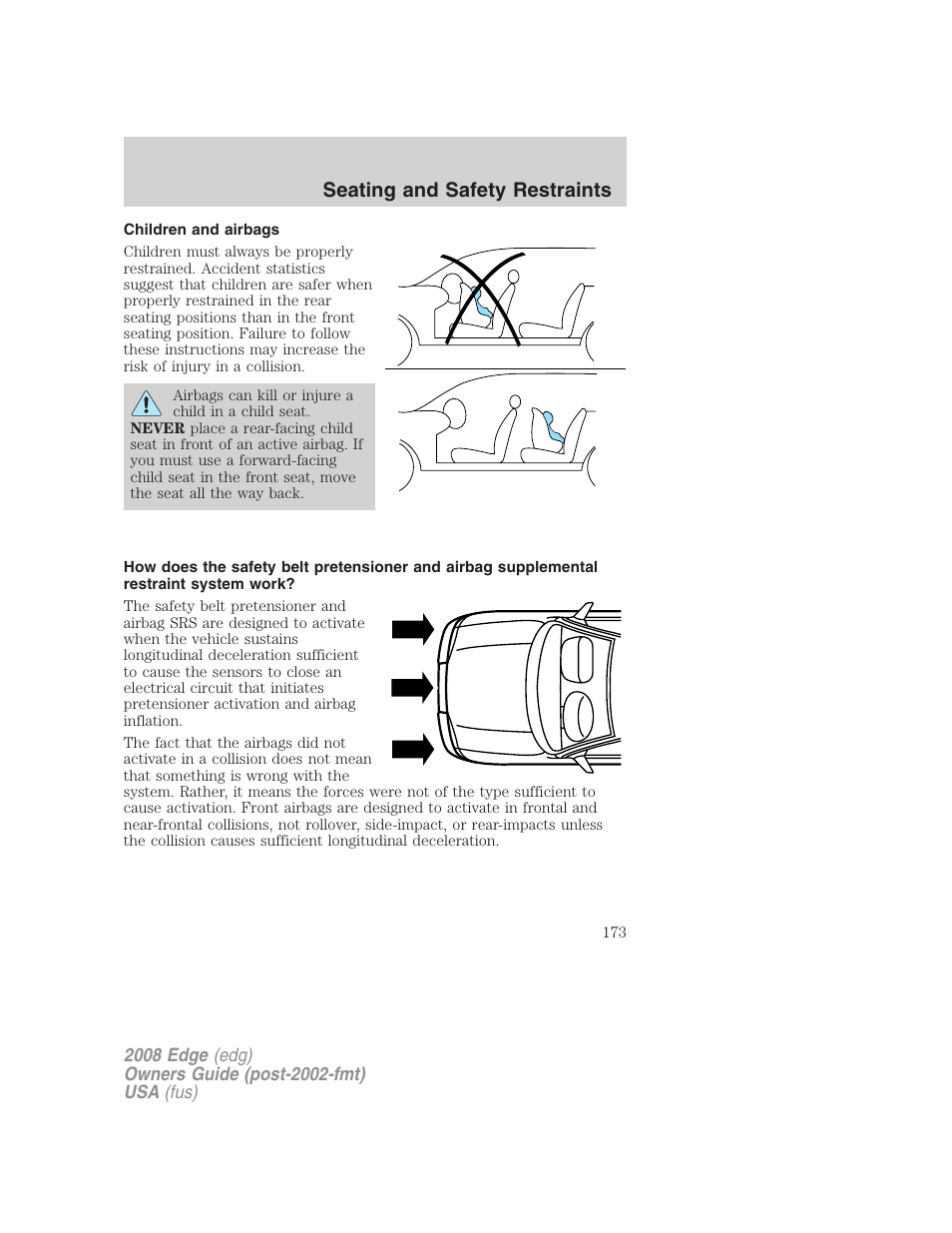 Children and airbags, Seating and safety restraints | FORD 2008 Edge User Manual | Page 173 / 336