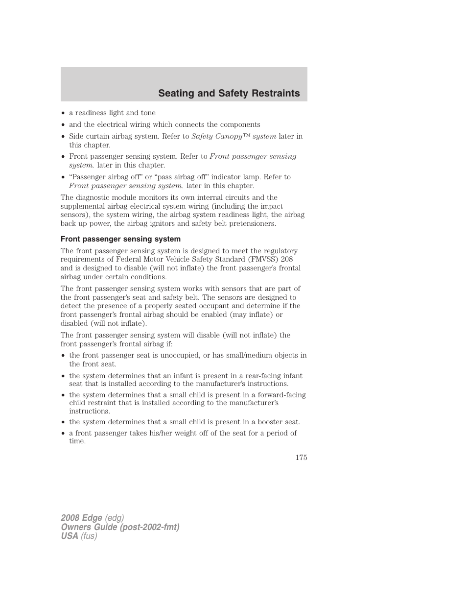 Front passenger sensing system, Seating and safety restraints | FORD 2008 Edge User Manual | Page 175 / 336