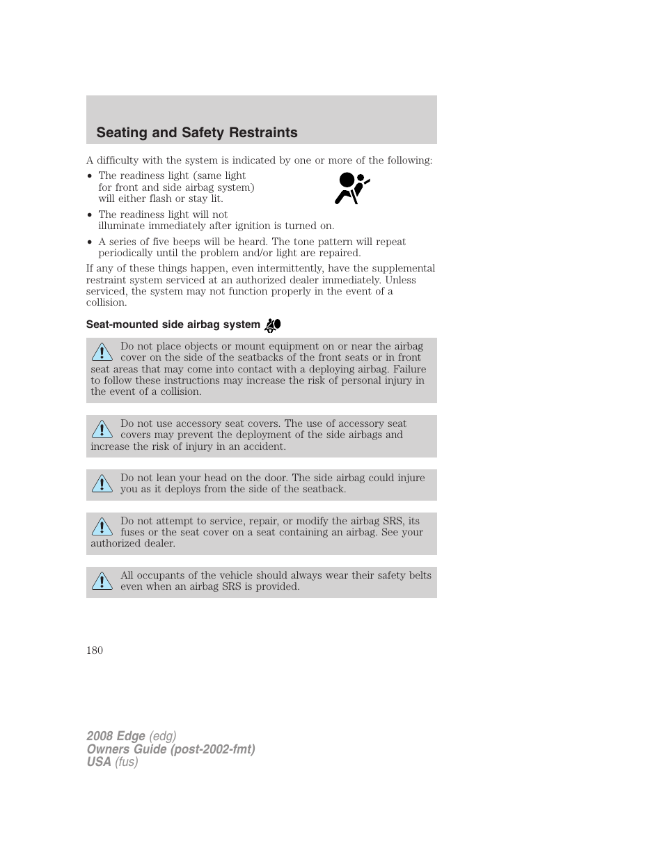 Seat-mounted side airbag system, Seating and safety restraints | FORD 2008 Edge User Manual | Page 180 / 336