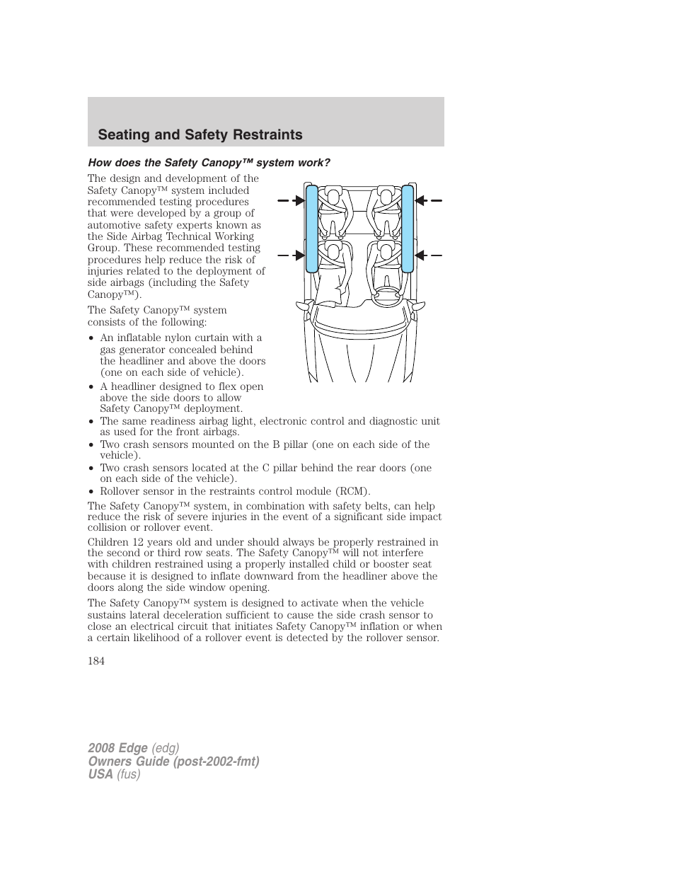 How does the safety canopy™ system work, Seating and safety restraints | FORD 2008 Edge User Manual | Page 184 / 336