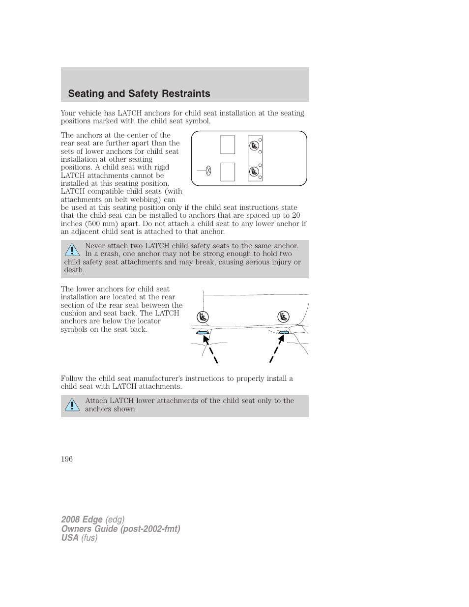 Seating and safety restraints | FORD 2008 Edge User Manual | Page 196 / 336