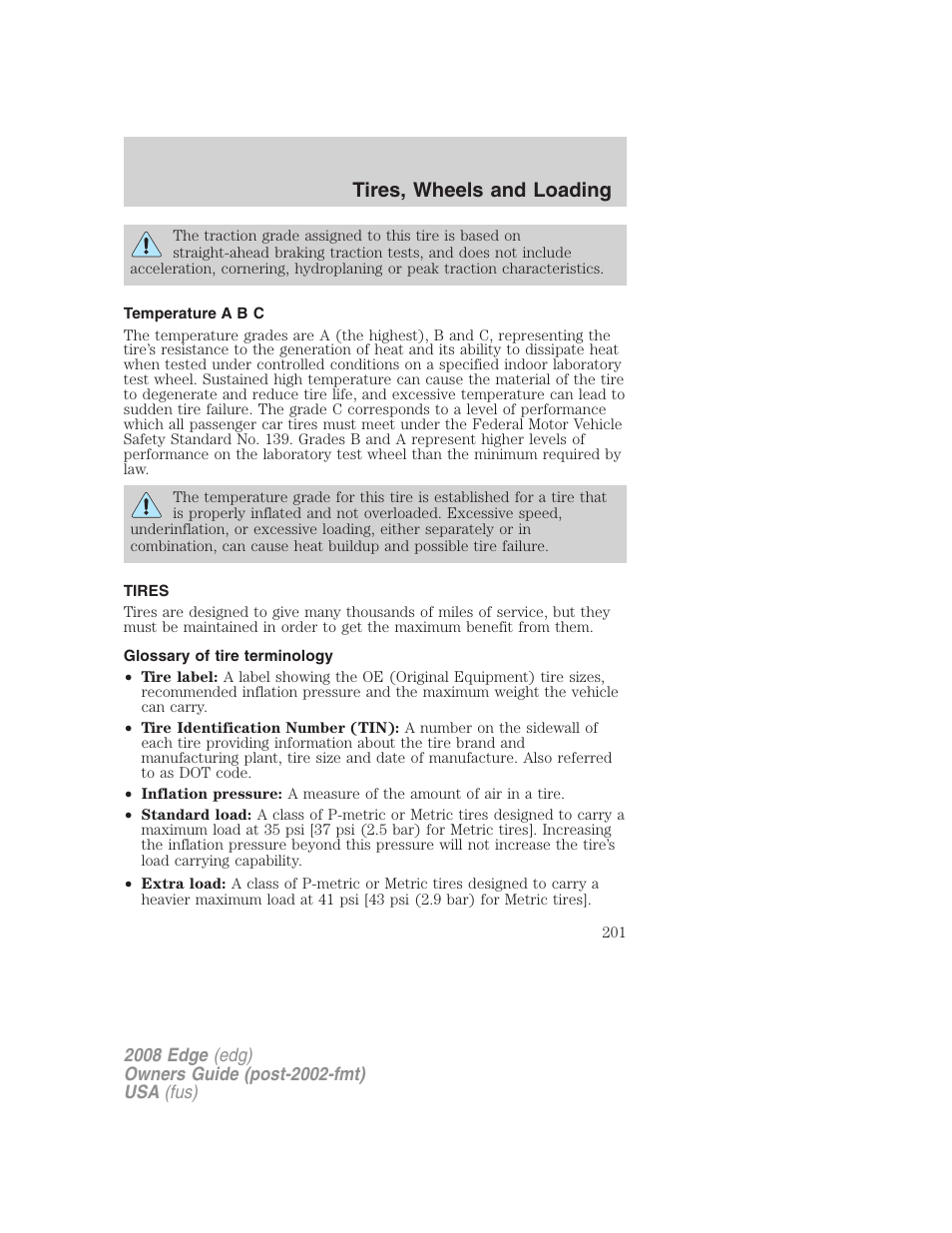 Temperature a b c, Tires, Glossary of tire terminology | Tires, wheels and loading | FORD 2008 Edge User Manual | Page 201 / 336