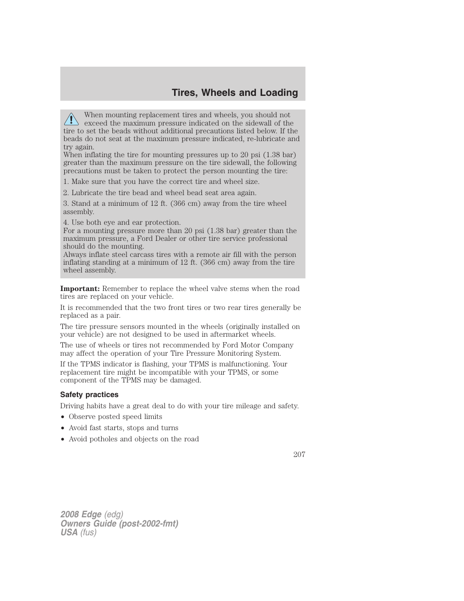 Safety practices, Tires, wheels and loading | FORD 2008 Edge User Manual | Page 207 / 336