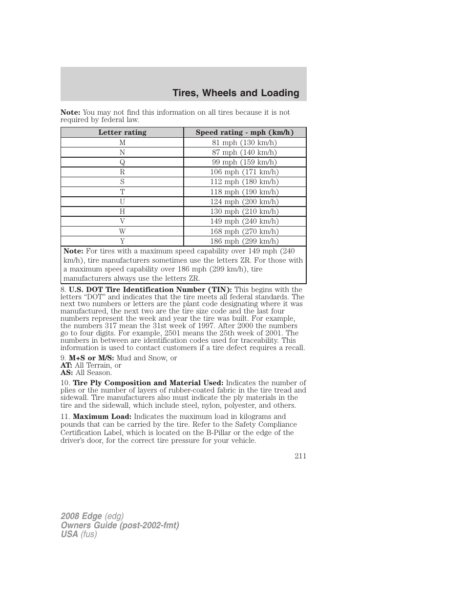 Tires, wheels and loading | FORD 2008 Edge User Manual | Page 211 / 336