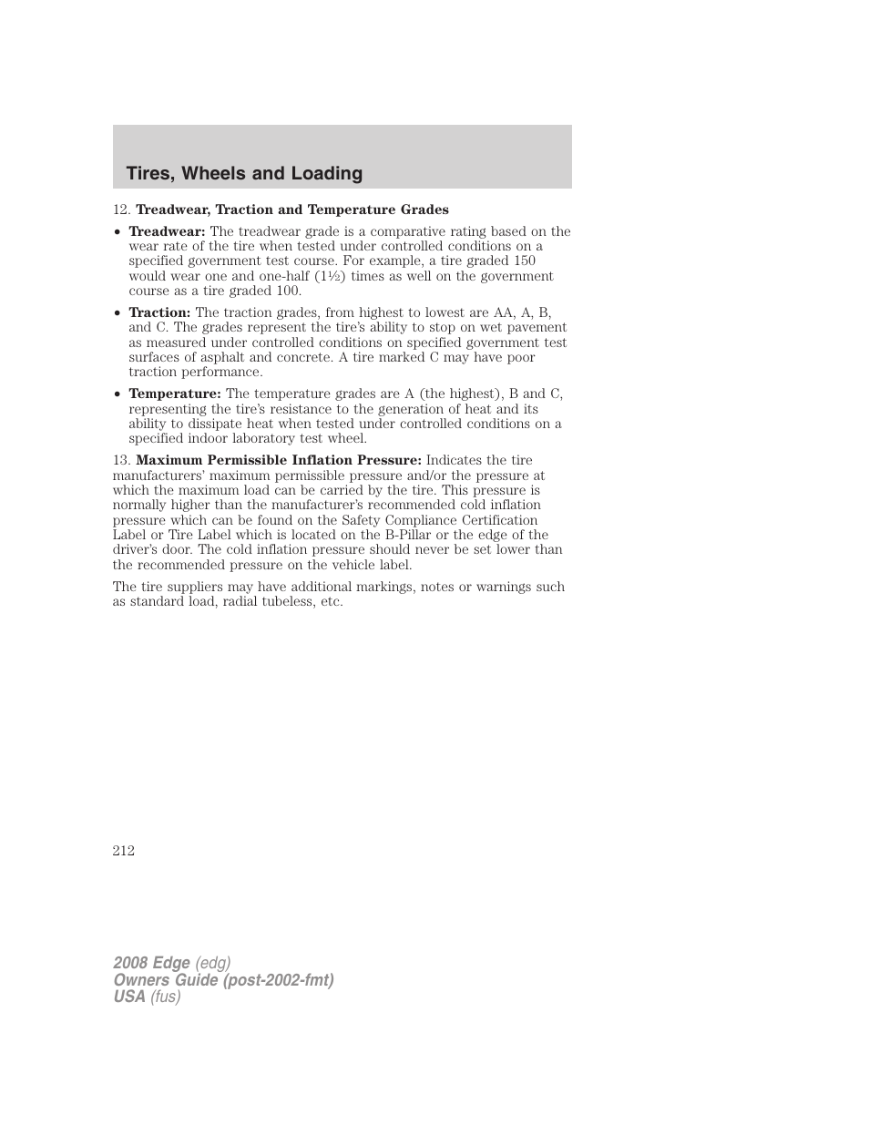 Tires, wheels and loading | FORD 2008 Edge User Manual | Page 212 / 336