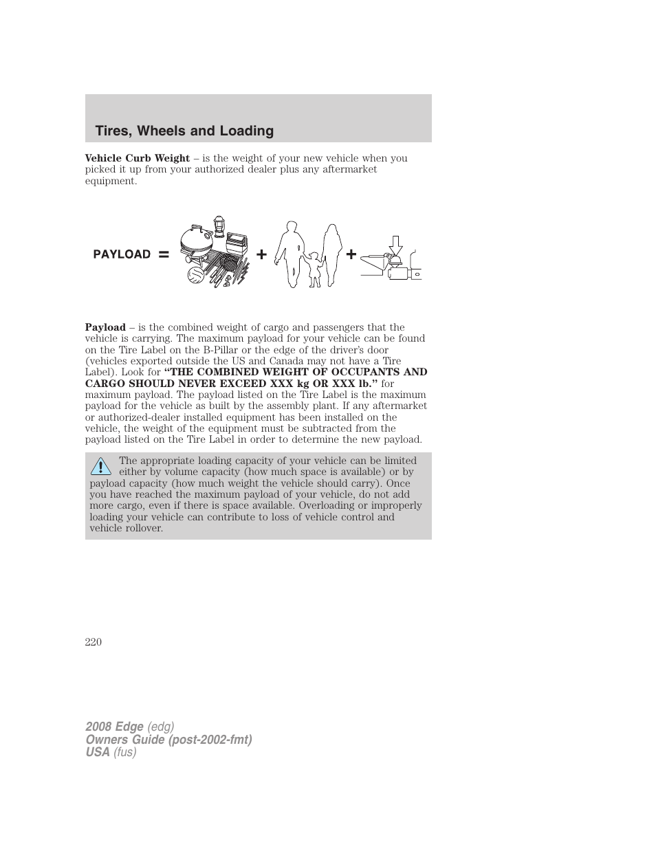 Tires, wheels and loading | FORD 2008 Edge User Manual | Page 220 / 336