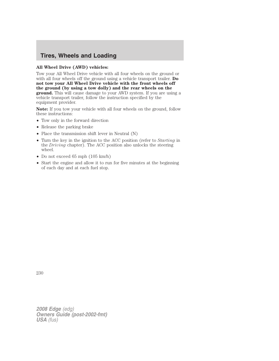 Tires, wheels and loading | FORD 2008 Edge User Manual | Page 230 / 336
