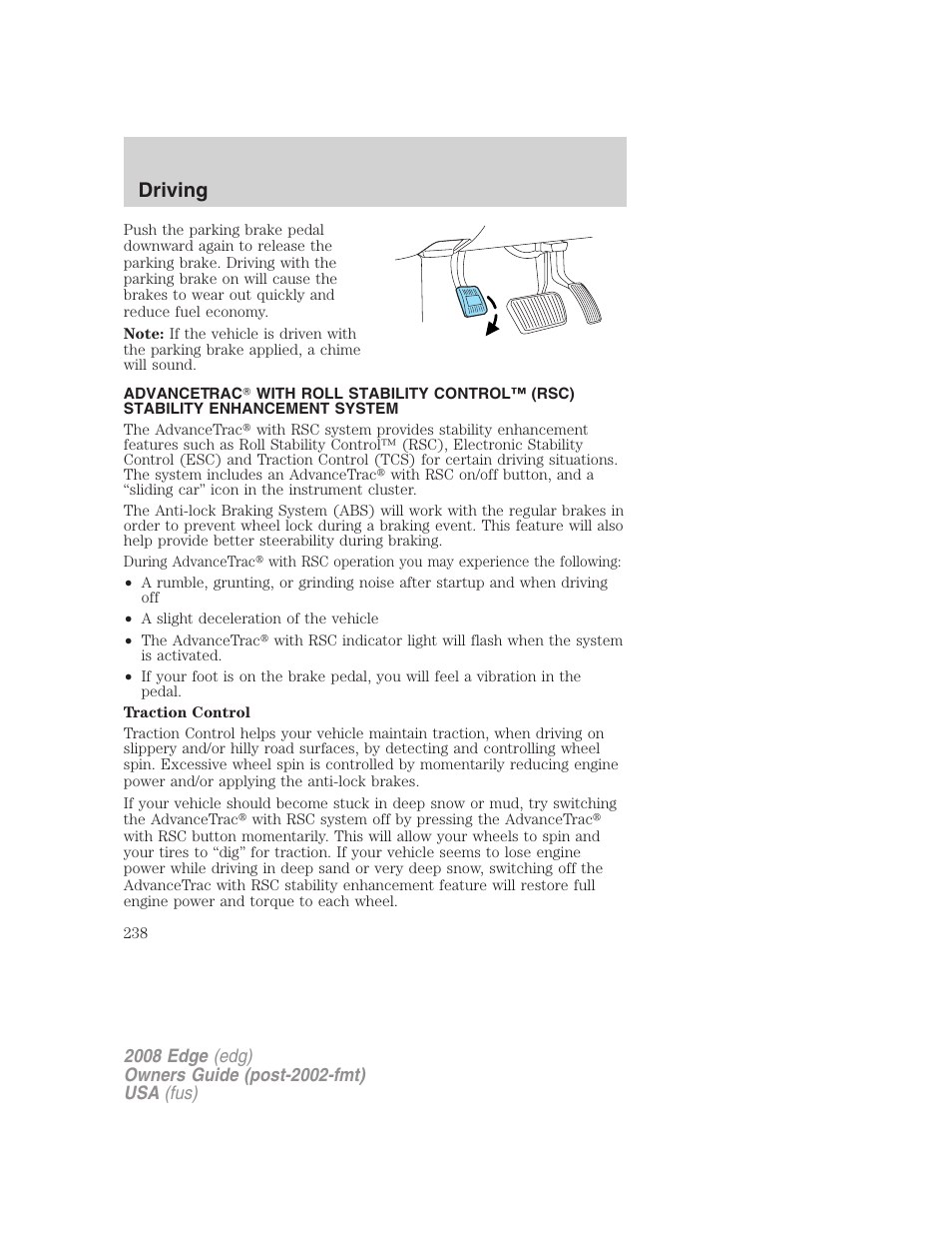 Traction control™/advancetrac, Driving | FORD 2008 Edge User Manual | Page 238 / 336