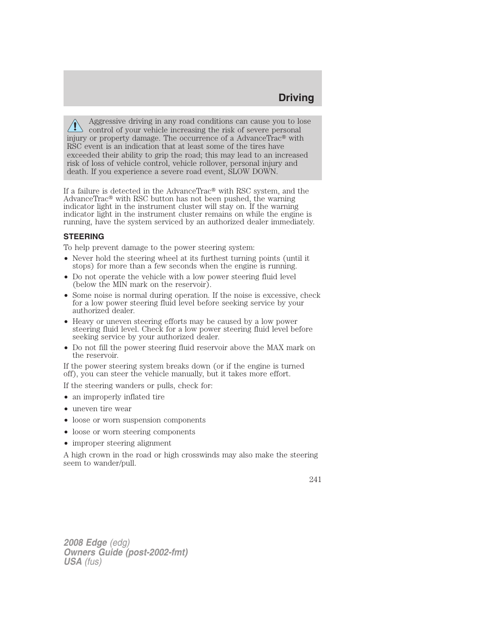 Steering, Driving | FORD 2008 Edge User Manual | Page 241 / 336