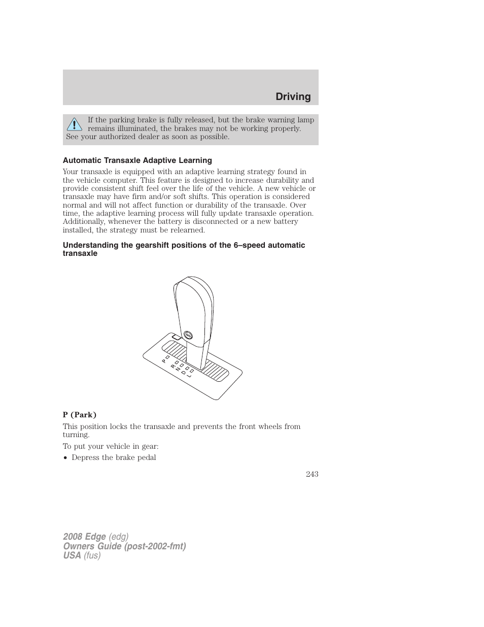 Automatic transaxle adaptive learning, Driving | FORD 2008 Edge User Manual | Page 243 / 336