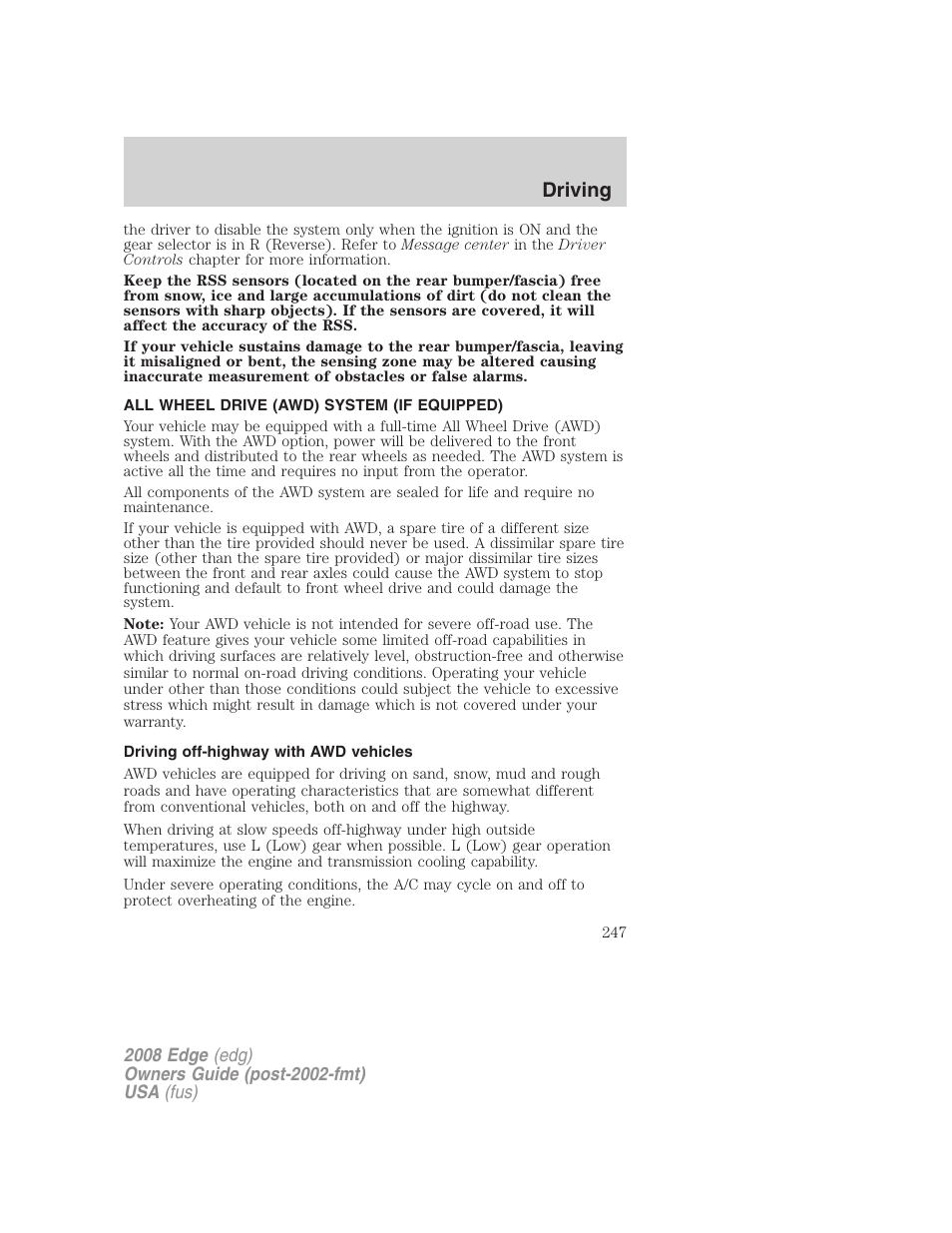 All wheel drive (awd) system (if equipped), Driving off-highway with awd vehicles, Driving | FORD 2008 Edge User Manual | Page 247 / 336
