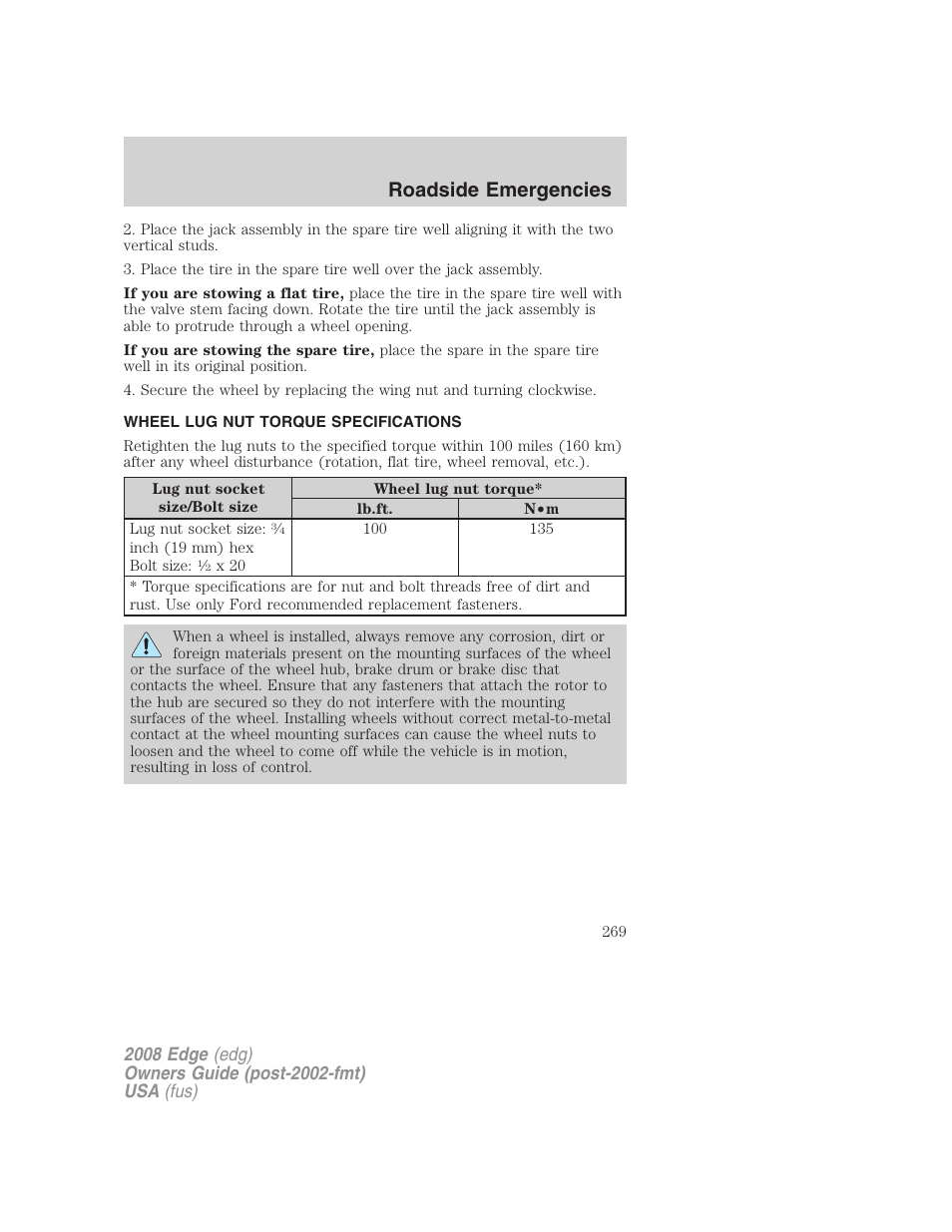 Wheel lug nut torque specifications, Lug nut torque, Roadside emergencies | FORD 2008 Edge User Manual | Page 269 / 336