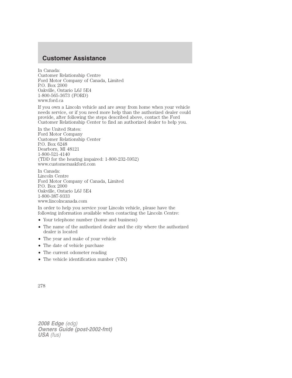 Customer assistance | FORD 2008 Edge User Manual | Page 278 / 336