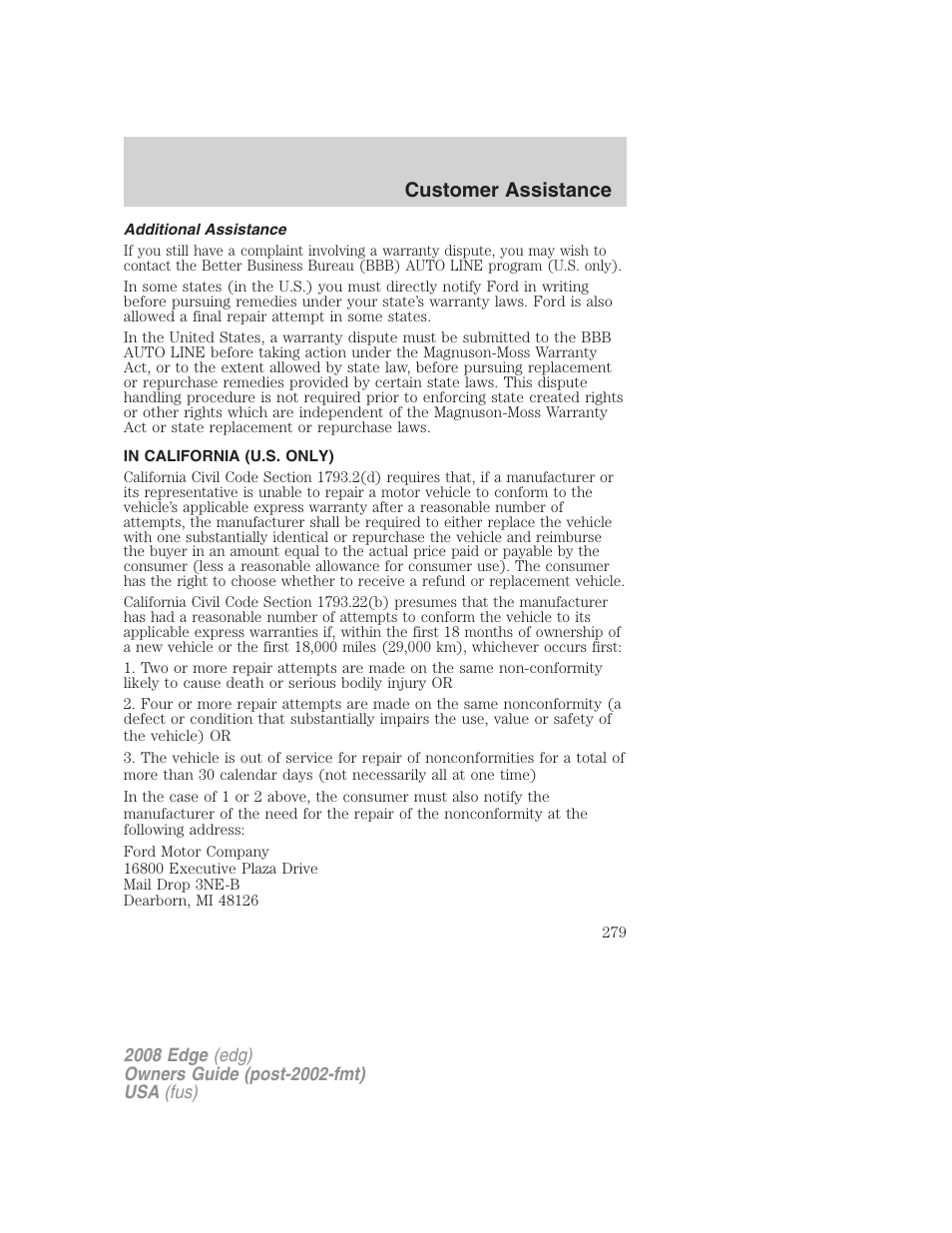 Additional assistance, In california (u.s. only), Customer assistance | FORD 2008 Edge User Manual | Page 279 / 336