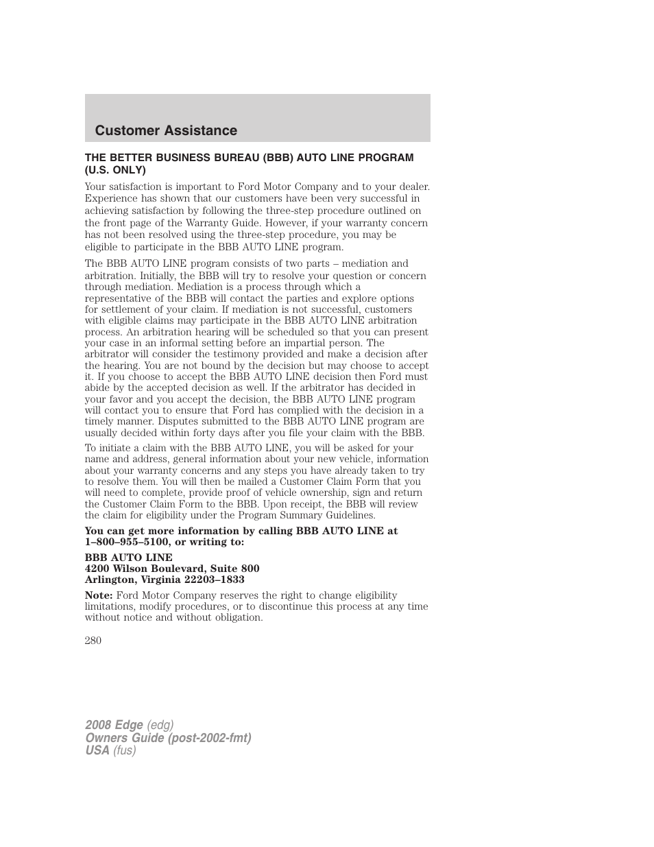 Customer assistance | FORD 2008 Edge User Manual | Page 280 / 336