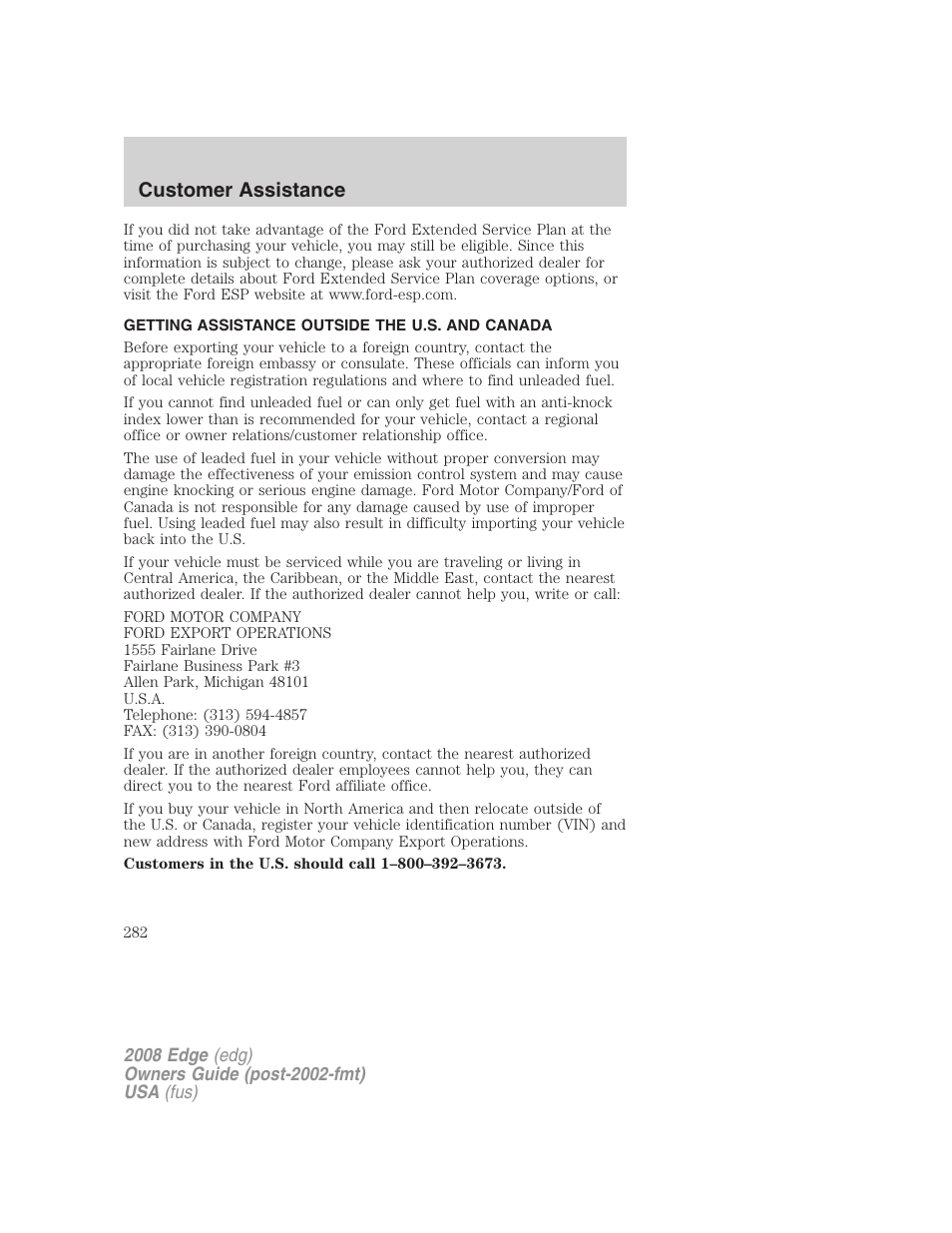 Getting assistance outside the u.s. and canada, Customer assistance | FORD 2008 Edge User Manual | Page 282 / 336