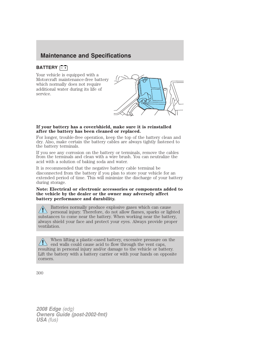 Battery, Maintenance and specifications | FORD 2008 Edge User Manual | Page 300 / 336