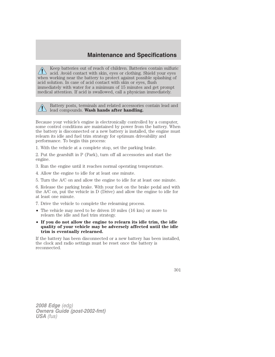 Maintenance and specifications | FORD 2008 Edge User Manual | Page 301 / 336