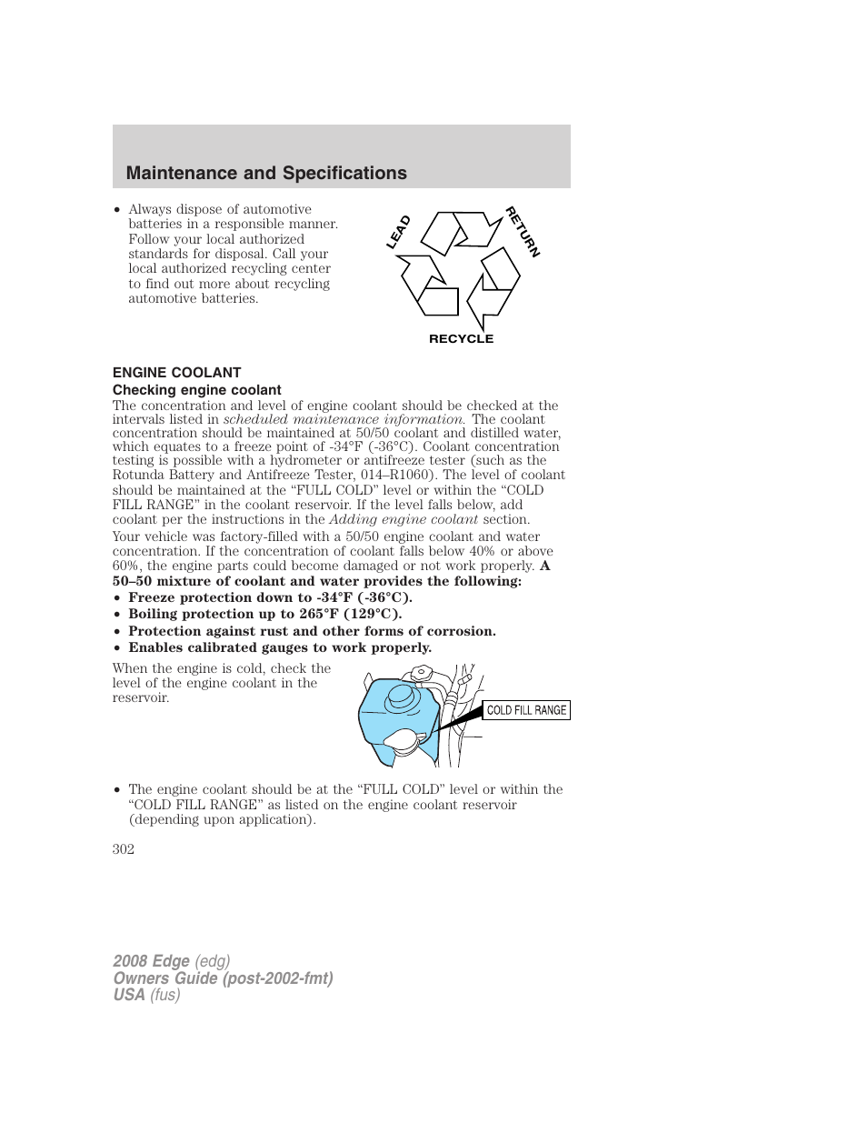 Engine coolant, Checking engine coolant, Maintenance and specifications | FORD 2008 Edge User Manual | Page 302 / 336