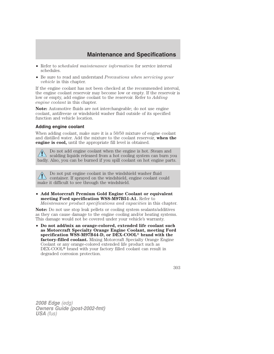 Adding engine coolant, Maintenance and specifications | FORD 2008 Edge User Manual | Page 303 / 336