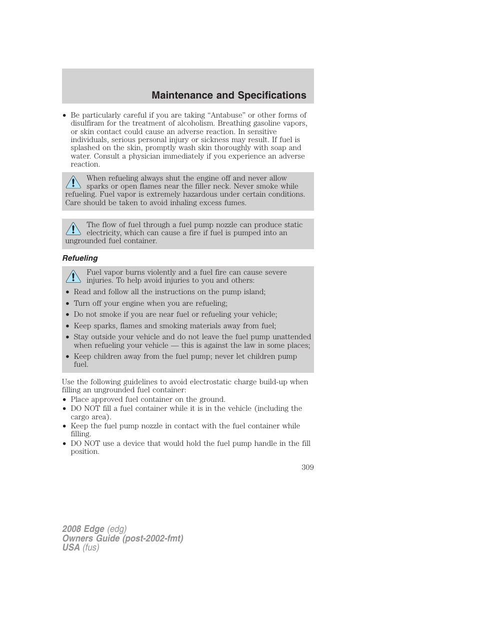 Refueling, Maintenance and specifications | FORD 2008 Edge User Manual | Page 309 / 336