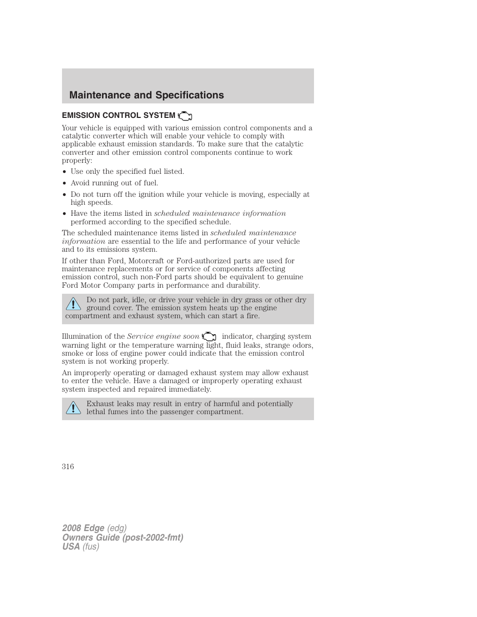 Emission control system, Maintenance and specifications | FORD 2008 Edge User Manual | Page 316 / 336