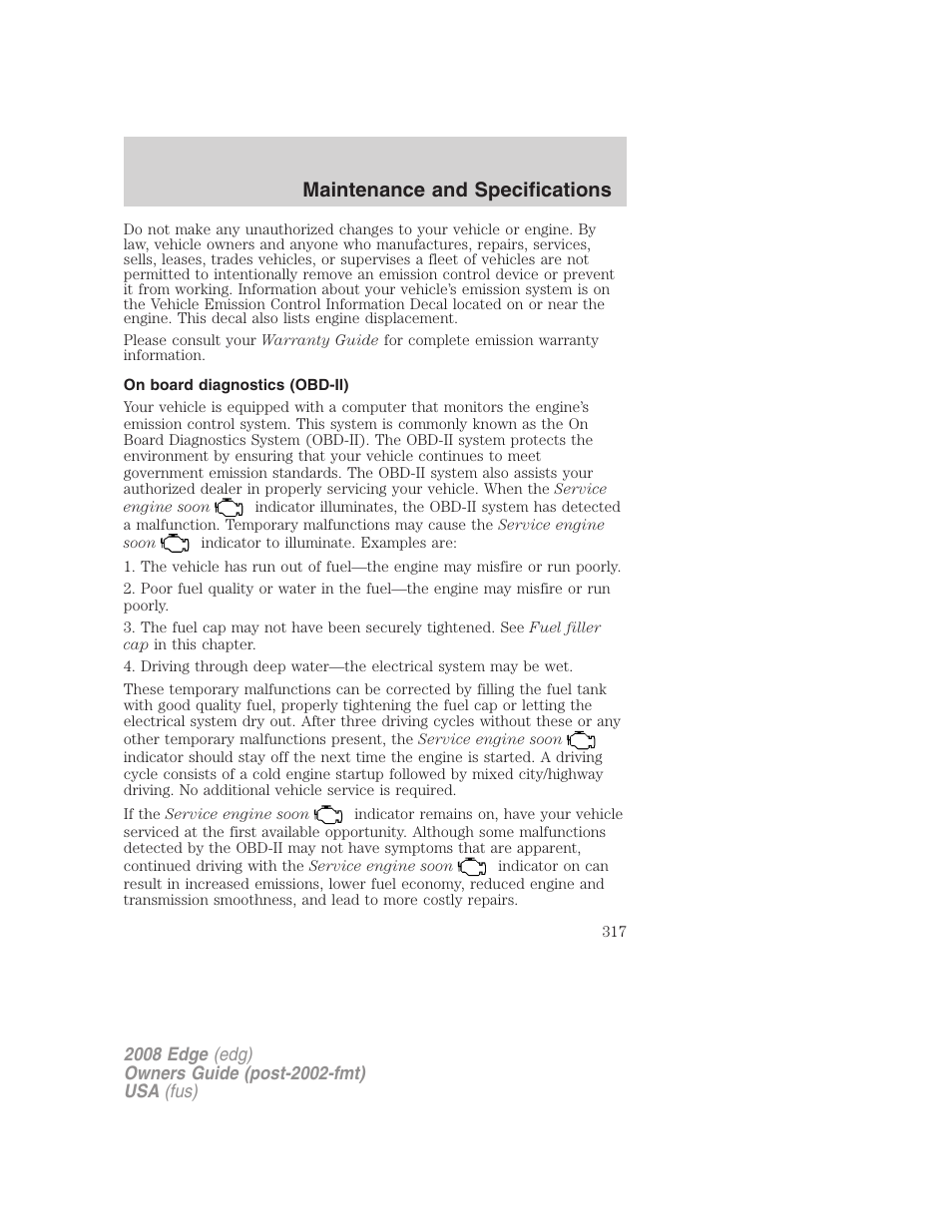 On board diagnostics (obd-ii), Maintenance and specifications | FORD 2008 Edge User Manual | Page 317 / 336