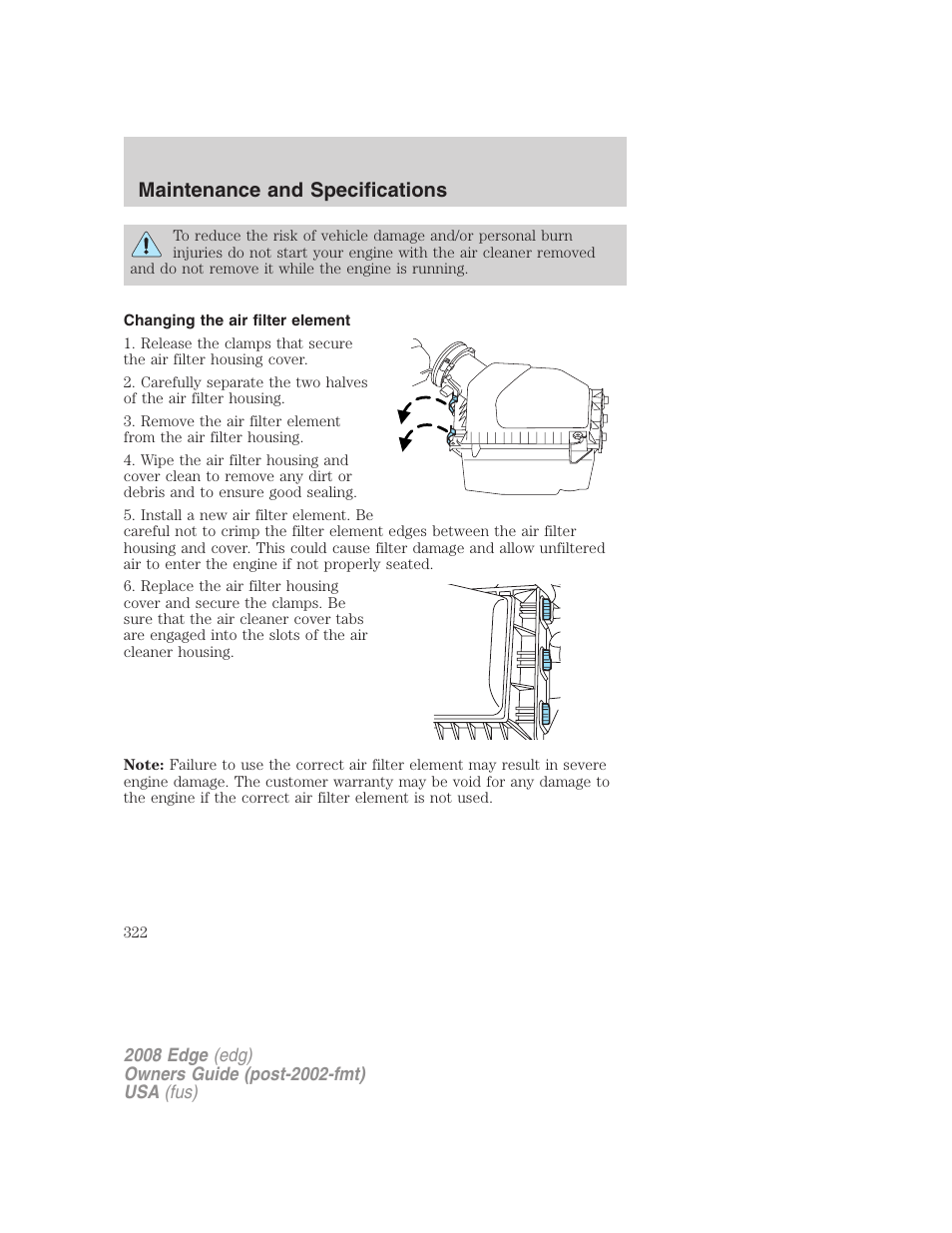 Changing the air filter element, Maintenance and specifications | FORD 2008 Edge User Manual | Page 322 / 336