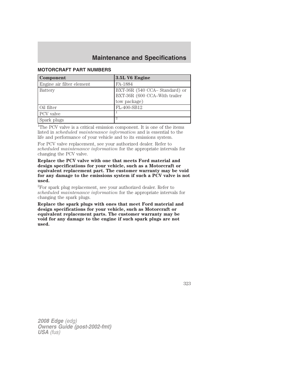 Motorcraft part numbers, Part numbers, Maintenance and specifications | FORD 2008 Edge User Manual | Page 323 / 336