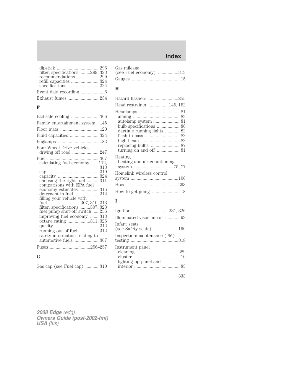 Index | FORD 2008 Edge User Manual | Page 333 / 336