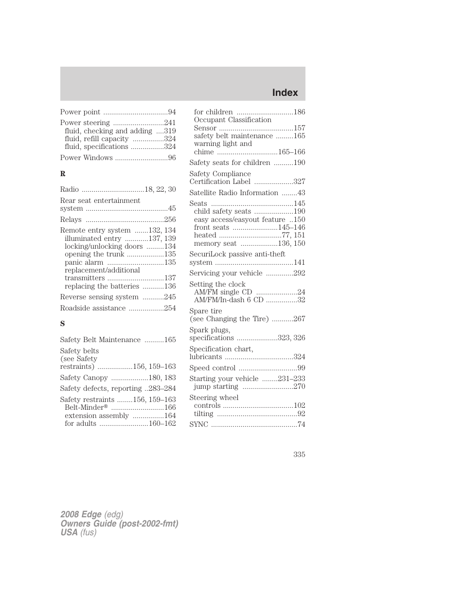 Index | FORD 2008 Edge User Manual | Page 335 / 336