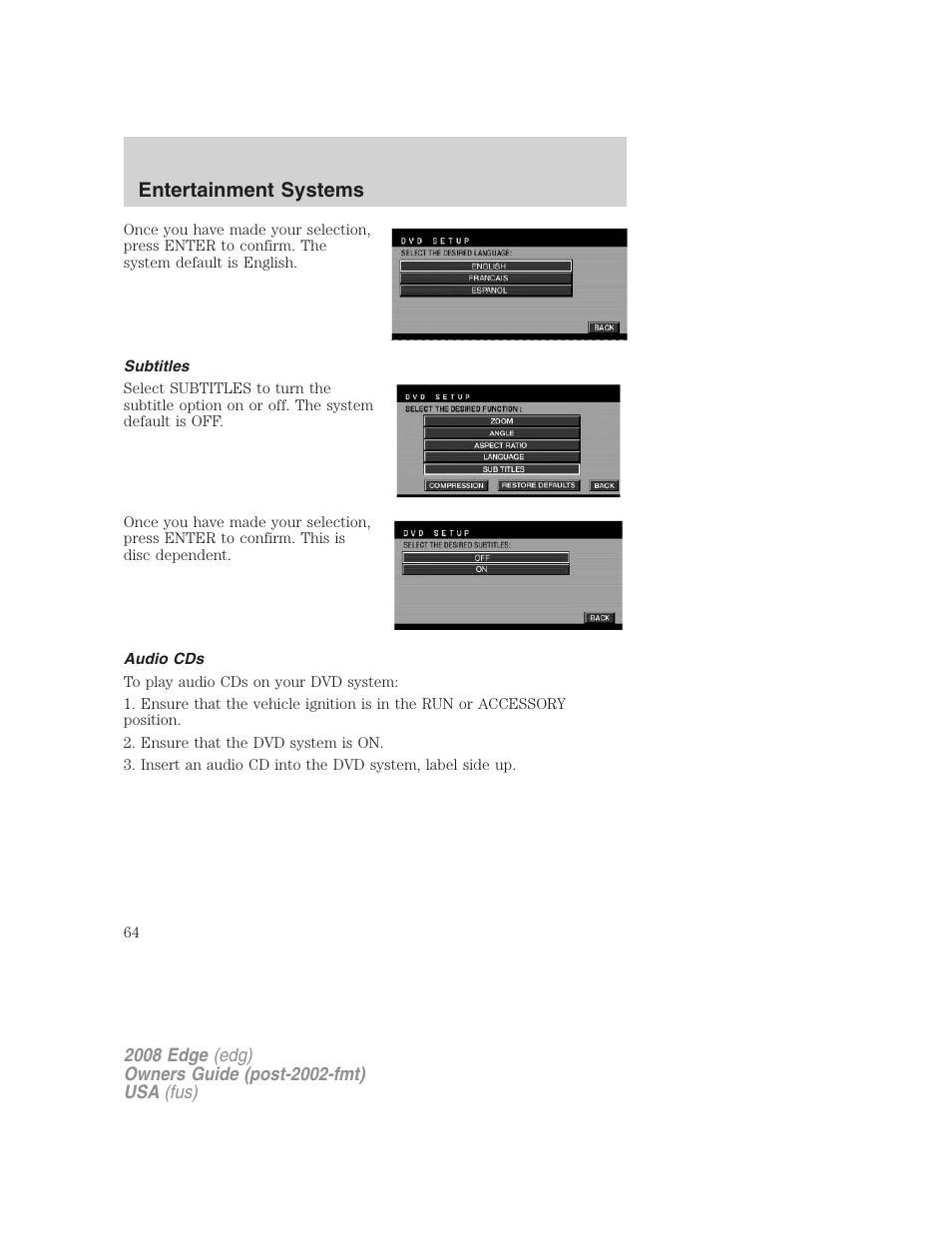 Subtitles, Audio cds, Entertainment systems | FORD 2008 Edge User Manual | Page 64 / 336