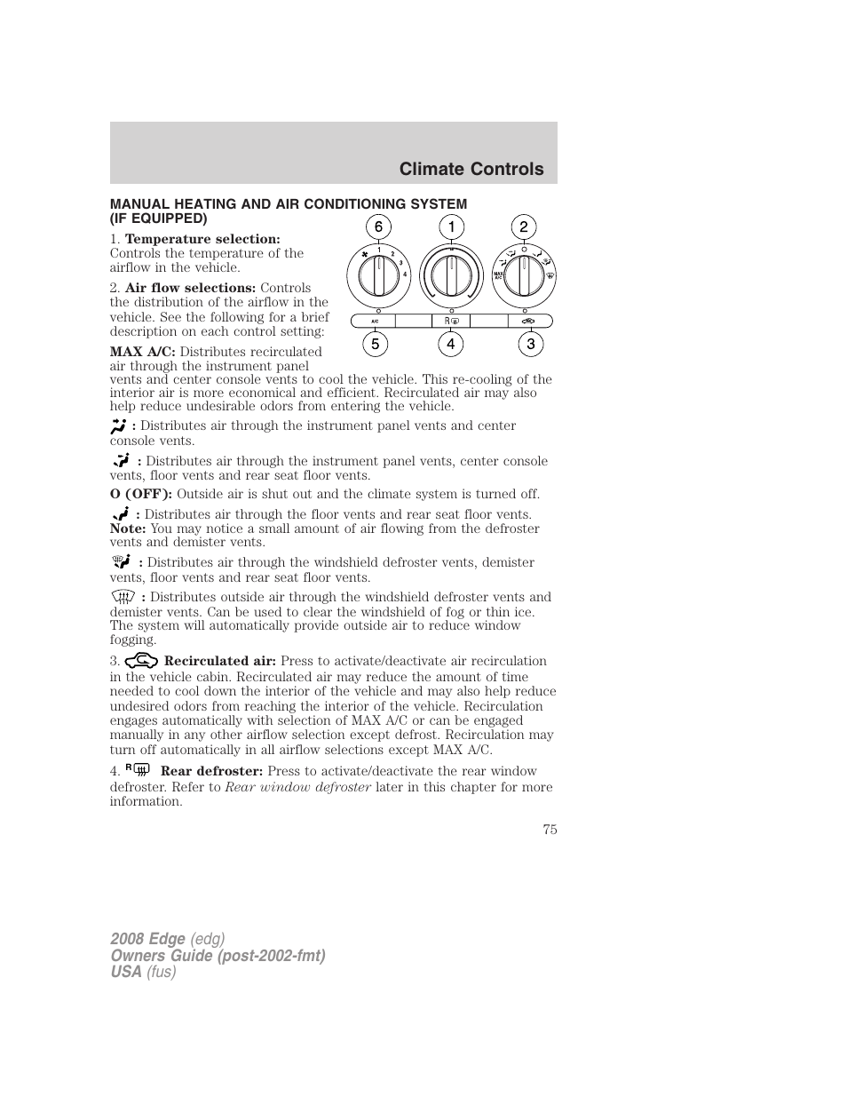 Climate controls, Manual heating and air conditioning | FORD 2008 Edge User Manual | Page 75 / 336