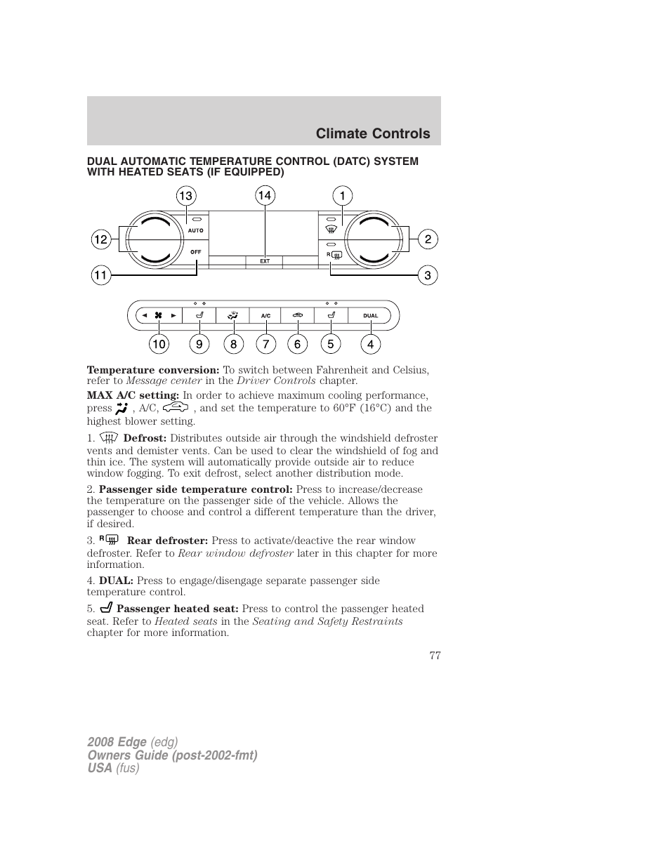 Automatic temperature control, Climate controls | FORD 2008 Edge User Manual | Page 77 / 336