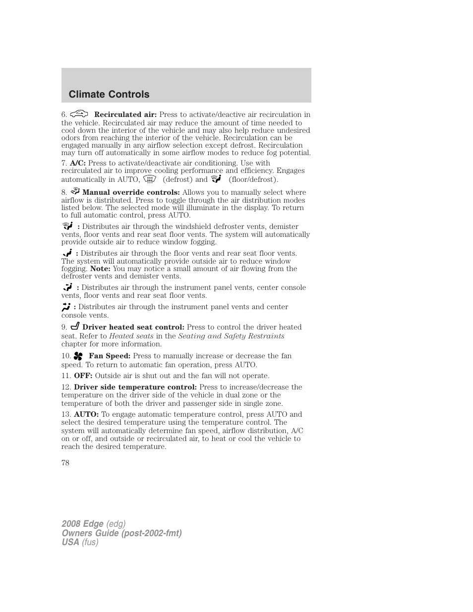 Climate controls | FORD 2008 Edge User Manual | Page 78 / 336