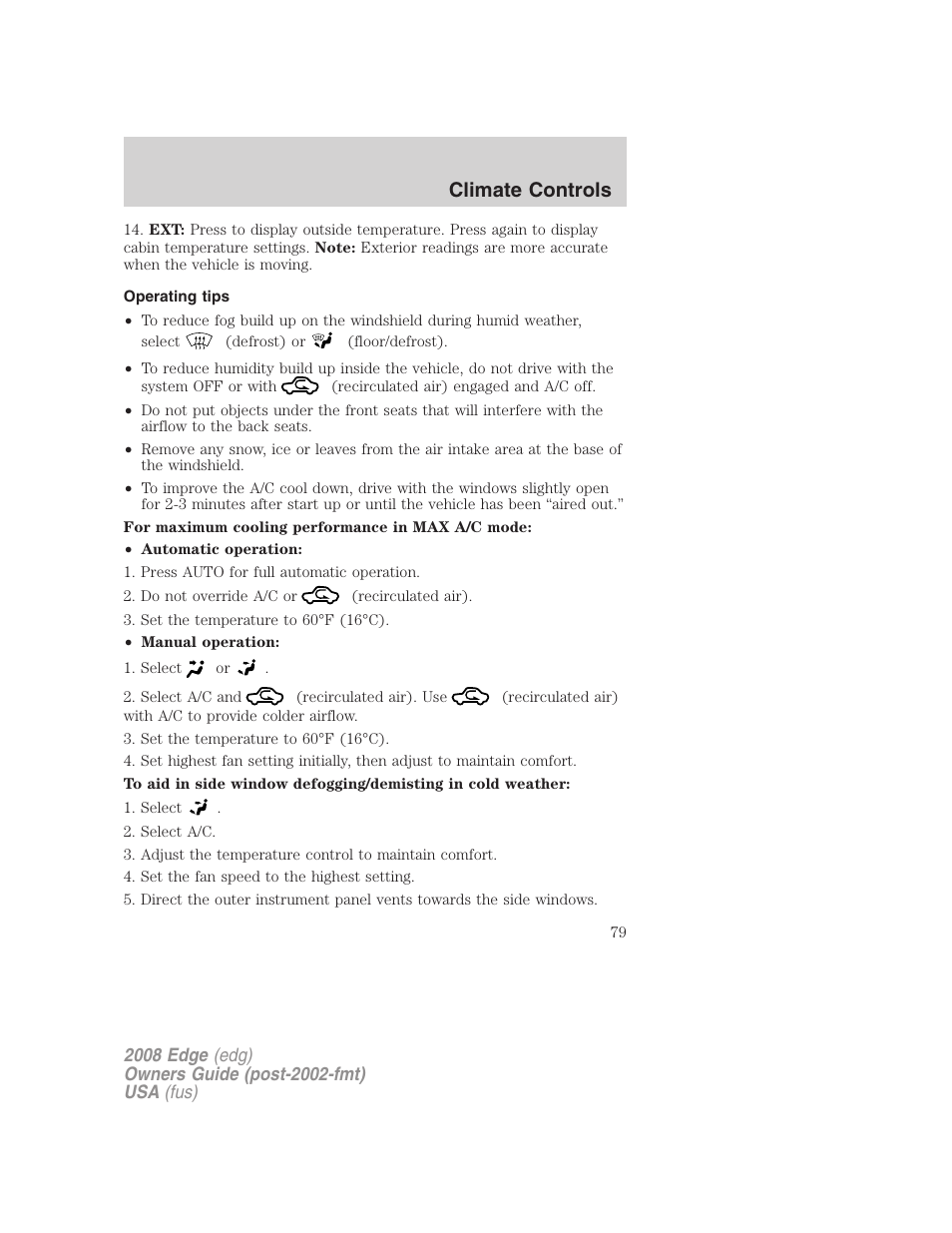 Operating tips, Climate controls | FORD 2008 Edge User Manual | Page 79 / 336