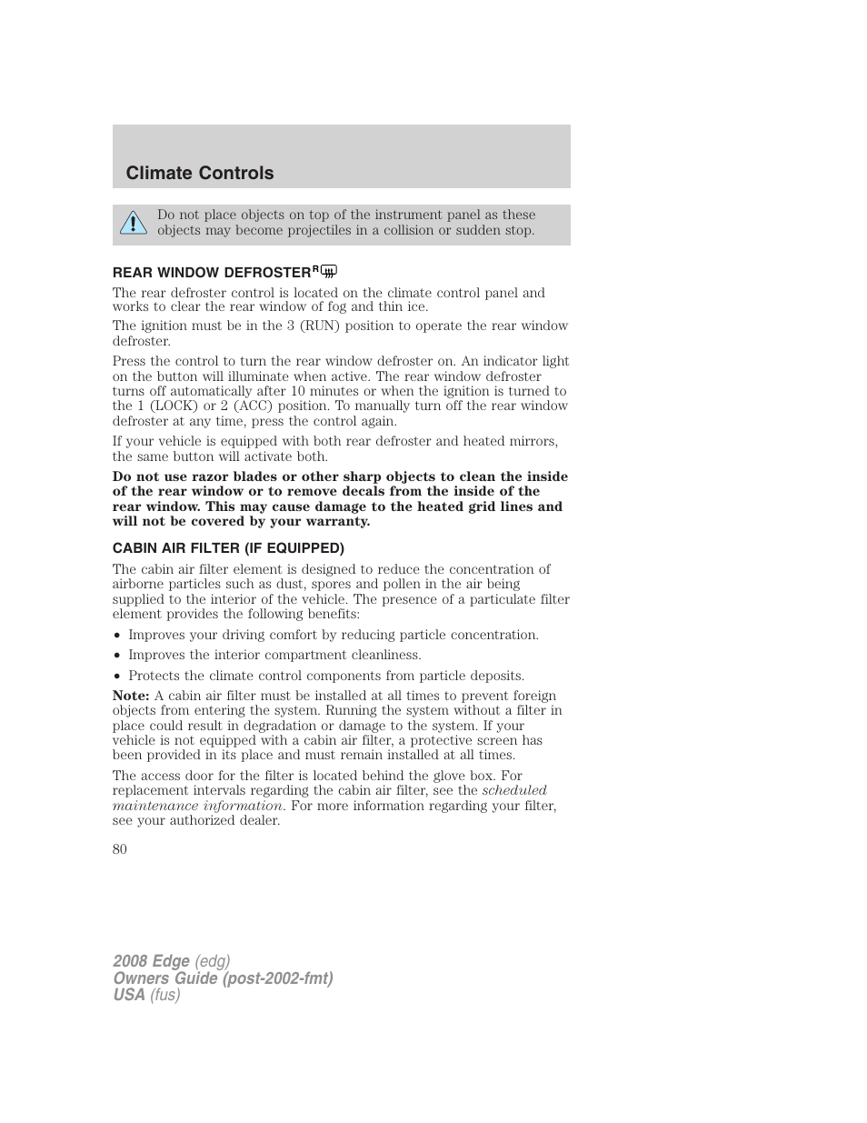 Rear window defroster, Cabin air filter (if equipped), Climate controls | FORD 2008 Edge User Manual | Page 80 / 336